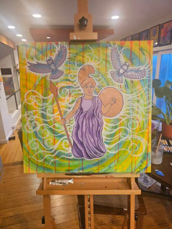 A figure in purple robes flanked by owls against a swirling green and yellow sky