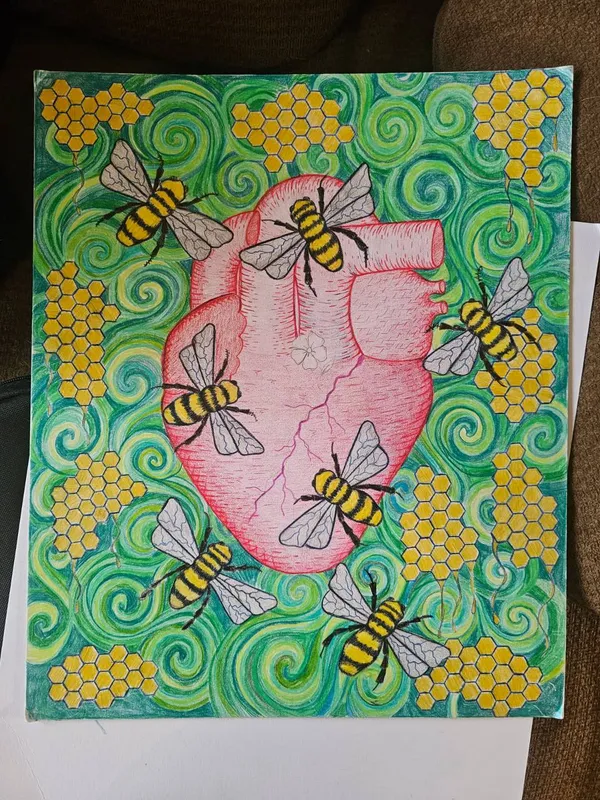 An anatomical heart surrounded by honeybees and honeycomb against a swirling green background