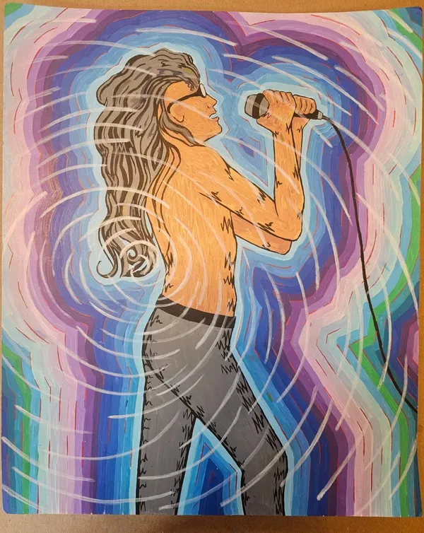 A figure with flowing hair sings into a microphone surrounded by radiating waves of color