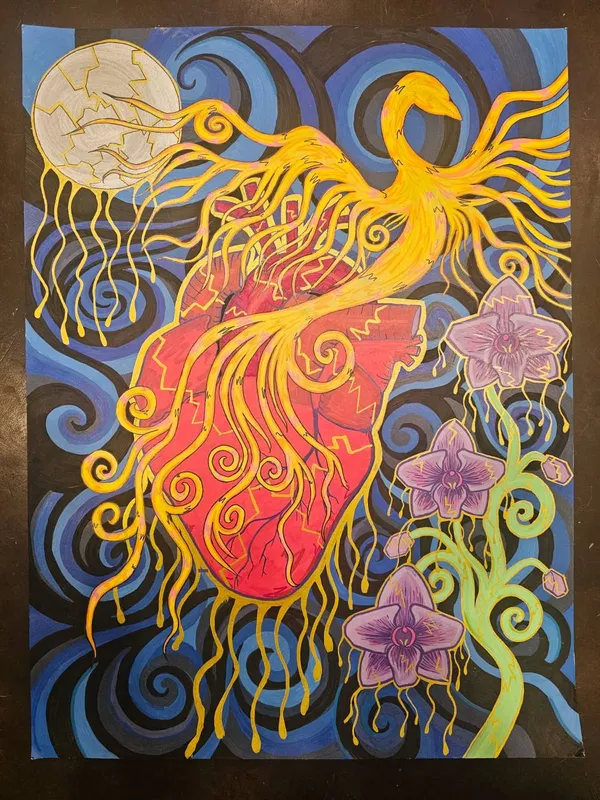 A golden phoenix rises from an anatomical heart amid deep blue swirls and purple orchids