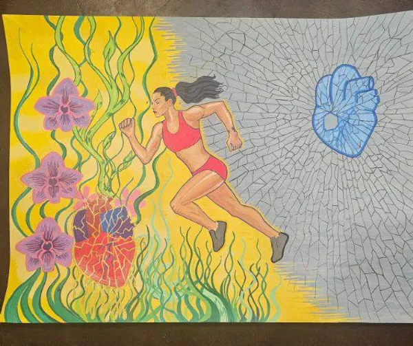 A woman runs between a burning heart and a shattered blue heart across a yellow and grey divided world